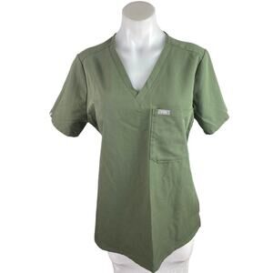 Figs Women's Green Short Sleeve V-Neck Pocket Medical Nurse Scrub Shirt Top Sz M